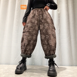 2025秋冬新款宽松大版提花加绒加厚牛仔裤女复古显瘦休闲老爹裤潮