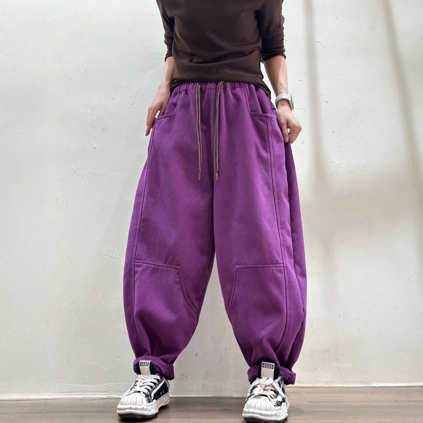 紫色加绒加厚休闲裤女宽松显瘦