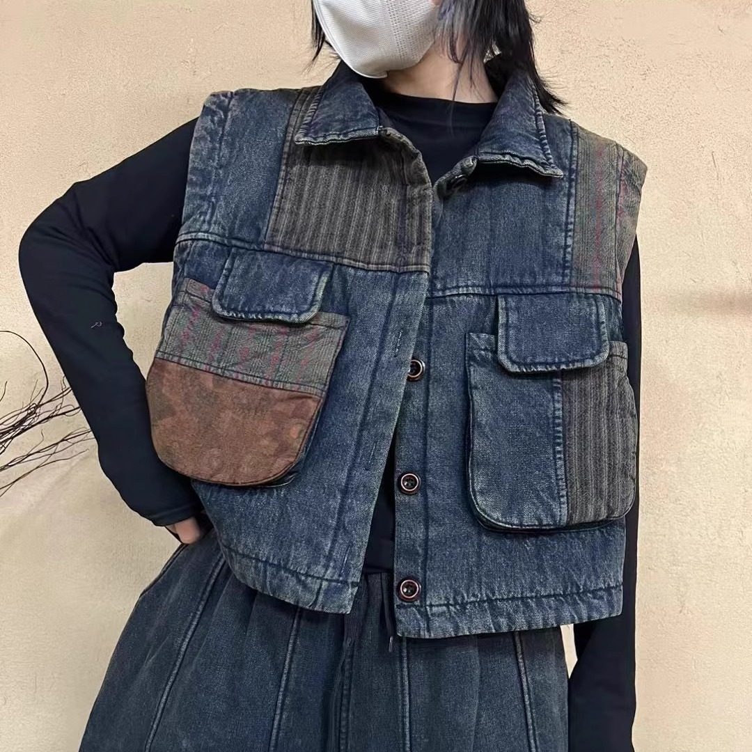 2025秋冬新款宽松个性炒色做旧夹棉加厚牛仔无袖短外套马甲女背心,女装/女士精品,马夹,淘宝优惠券,粉丝福利购,淘宝优惠卷