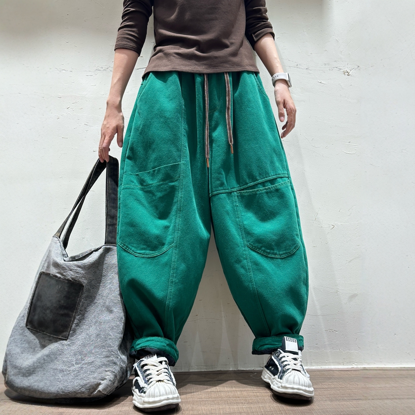 加绒加厚彩棉宽松休闲裤女2025冬季新款小个子个性口袋时尚哈伦裤