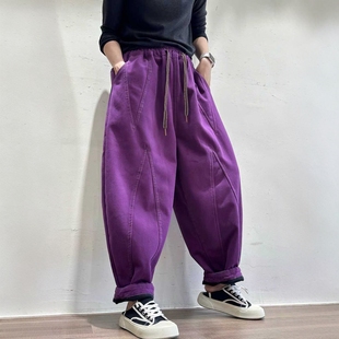 加绒加厚休闲裤 宽松老爹裤 女2025冬季 松紧腰彩棉系绳时尚 新款 大版