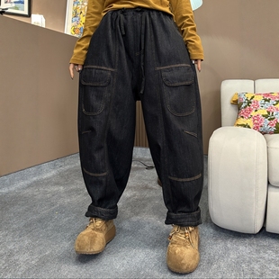 女多口袋设计感松紧腰复古百搭休闲老爹裤 加绒加厚宽松大码 牛仔裤