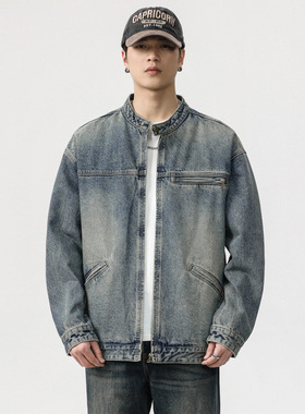 ACHIEVE ACHV美式复古水洗做旧牛仔外套男痞帅立领春秋休闲夹克潮