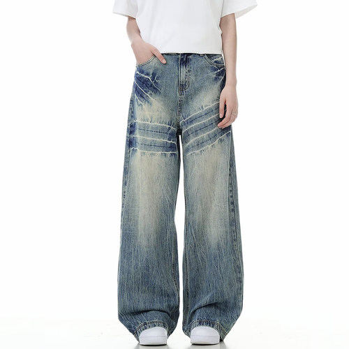 ACHIEVE ACHV美式复古小众设计感闪电纹牛仔裤宽松直筒阔腿休闲裤