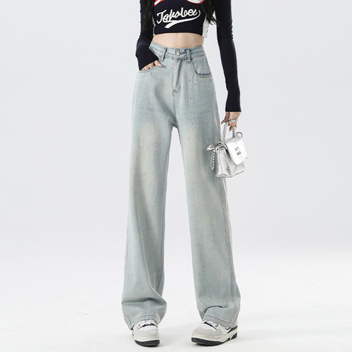 美式复古烫钻窄版阔腿牛仔裤女