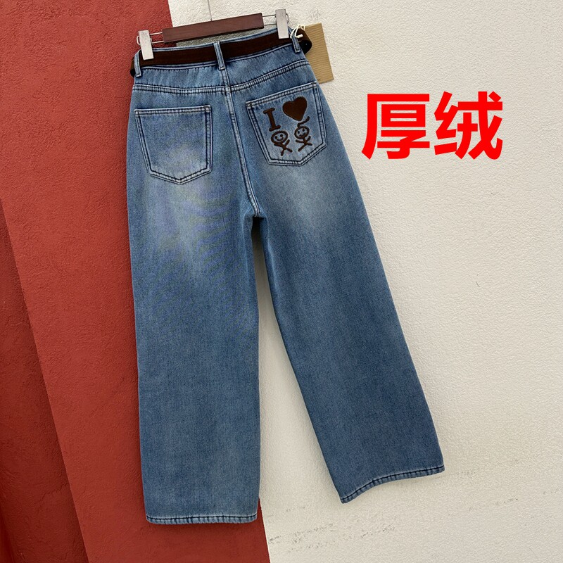 冬季JEANS红提子19561牛仔裤女厚绒刺绣爱心火柴人直筒窄版阔腿裤