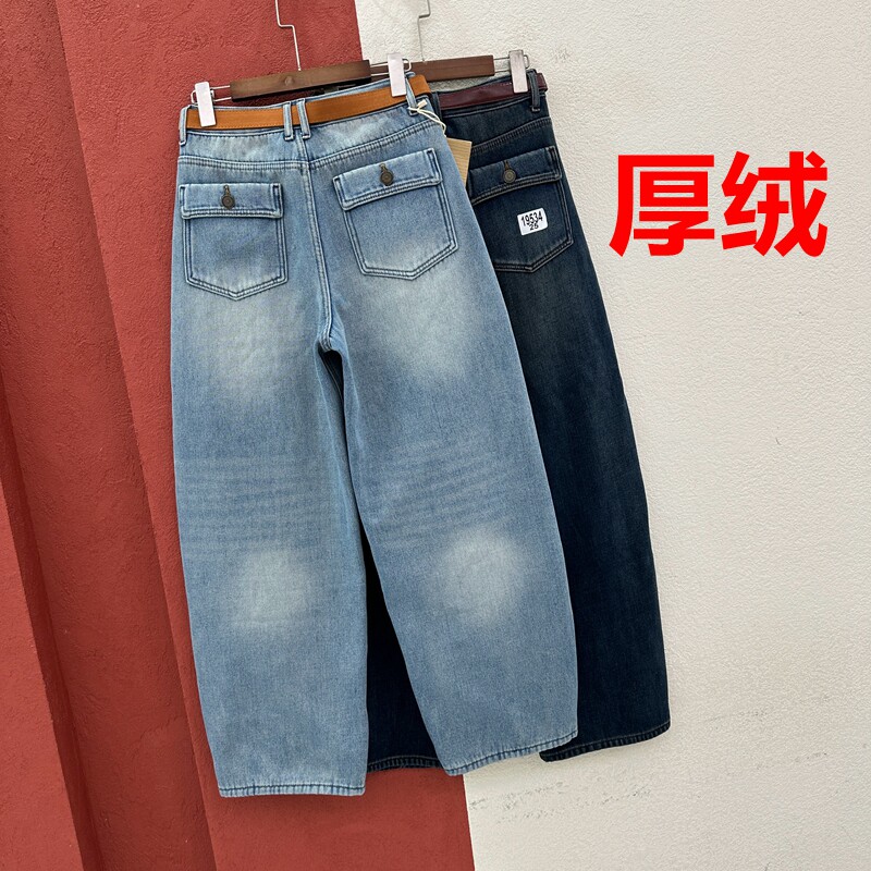 冬季JEANS红提子19534 19537牛仔裤女复合厚绒宽松显瘦弯刀裤长裤