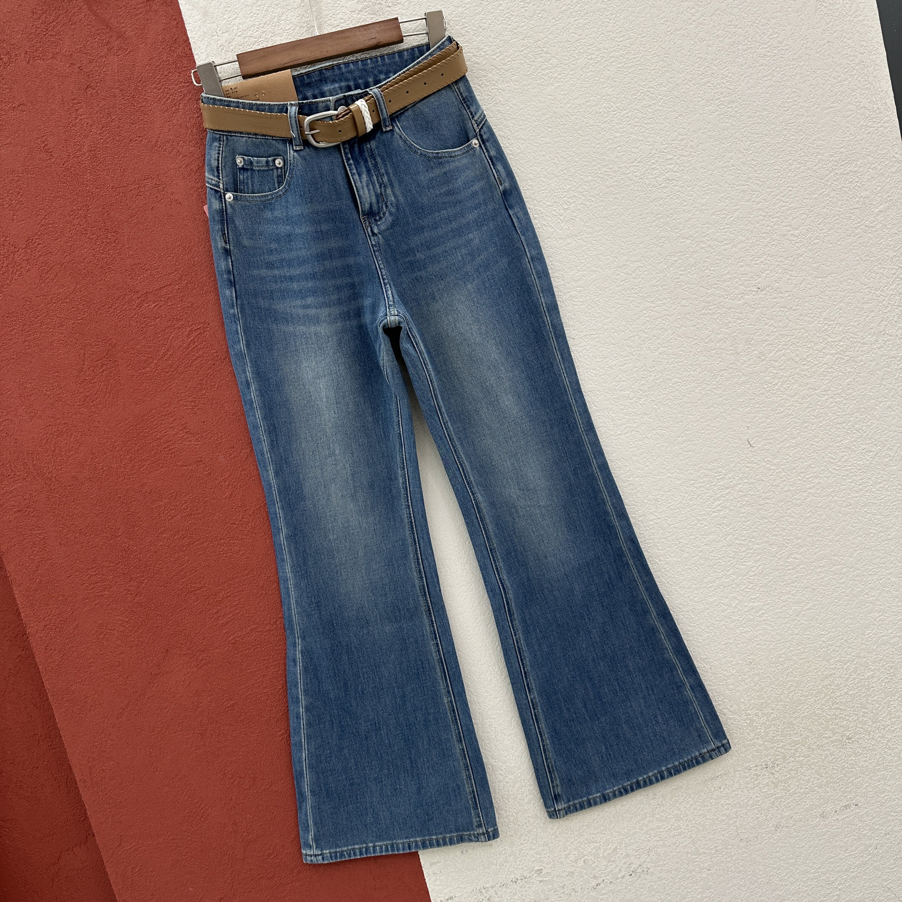 2026春款HYFS JEANS红提子66018牛仔裤女高腰微喇裤修身显瘦喇叭