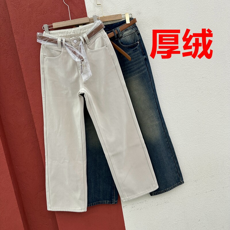 秋冬欧货JEANS倩小妞21503牛仔裤女复合厚绒窄版直筒裤保暖拖地裤