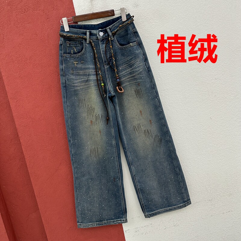 秋冬欧货FASHION JEANS韩酷莱8863牛仔裤女烫钻涂鸦加绒直筒裤