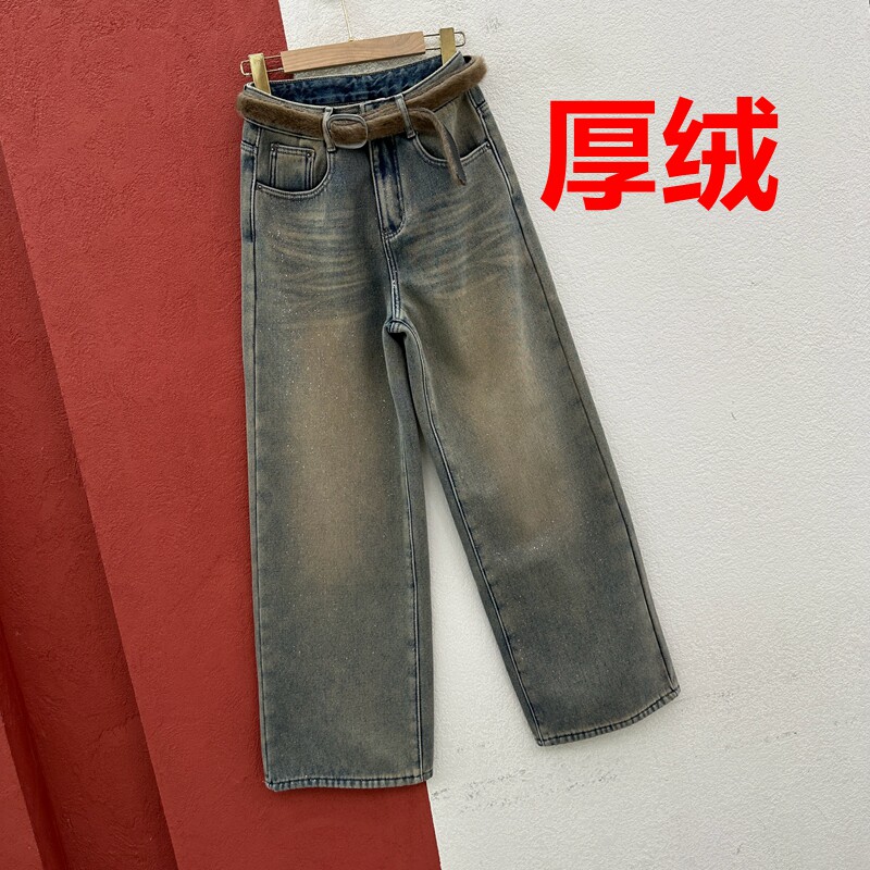 秋冬欧货JEANS倩小妞21516牛仔裤女复合厚绒细闪窄版直筒裤拖地裤
