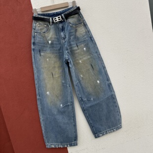 2026春季新款 JEANS韩酷莱66254牛仔裤女高腰油漆花点磨破弯刀裤