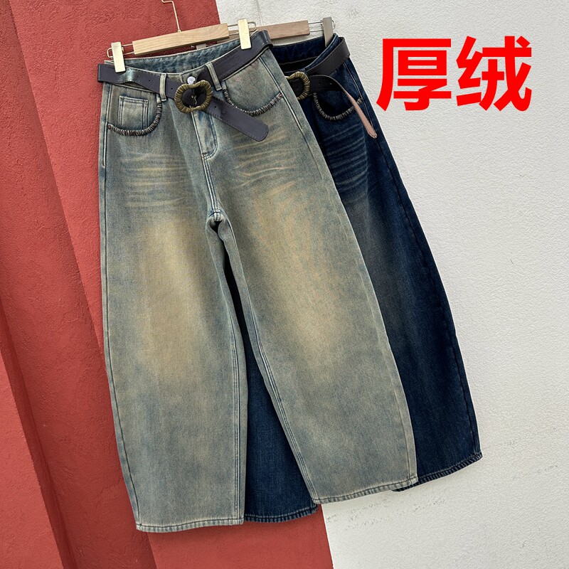 秋冬欧货JEANS倩小妞21512牛仔裤女复合厚绒猫须压线靴裤弯刀裤