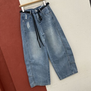 2026春夏欧货JEANS56378破洞阔腿弯刀裤浅蓝宽松镰刀裤牛仔裤女裤