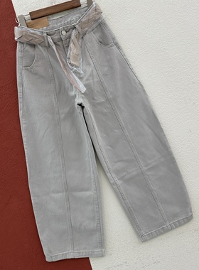 春款HTZ JEANS红提子66067牛仔裤女高腰宽松拖地裤弯刀裤香蕉裤