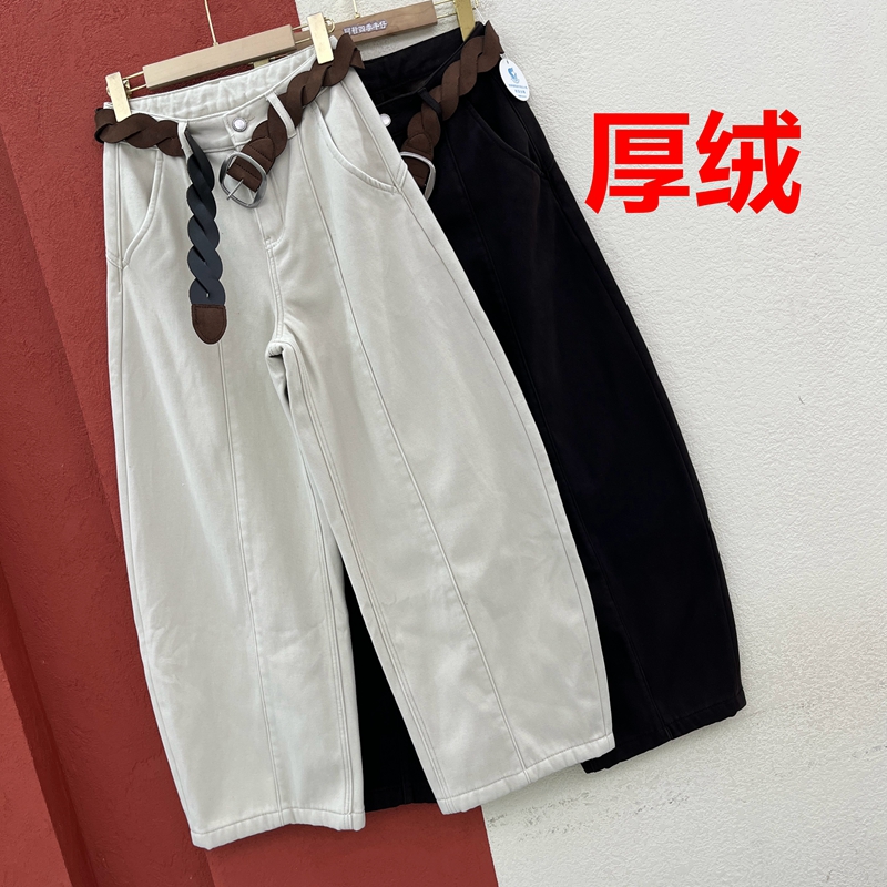 秋冬YKK JEANS港恋18717牛仔裤女色布高腰厚绒保暖弯刀裤拖地裤潮