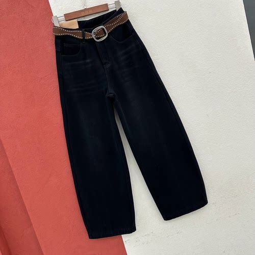 HYFS JEANS红提子16628 16627牛仔裤女高腰复合厚绒弯刀长裤筒裤