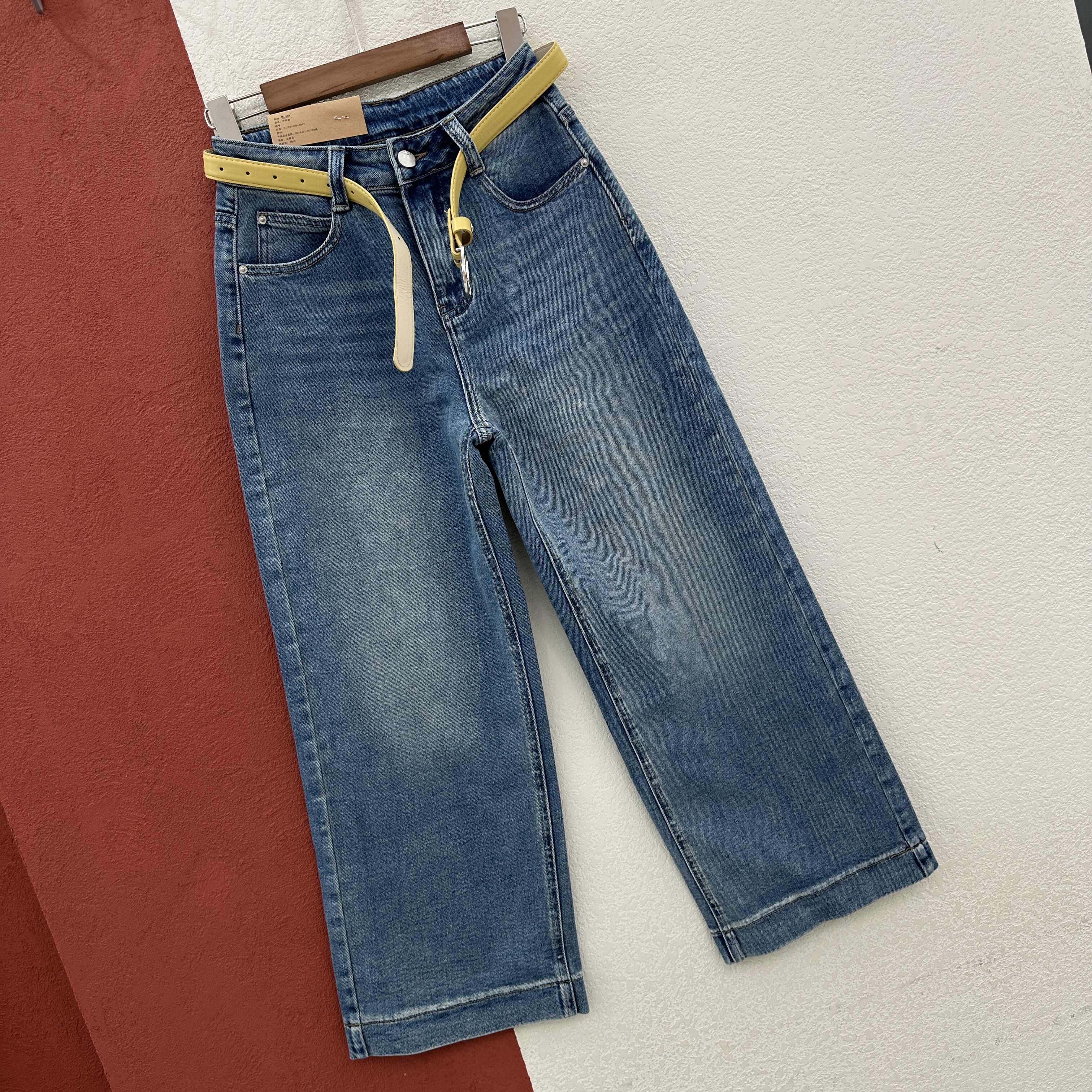 春款HYFS JEANS红提子66055牛仔裤女高腰窄版九分直筒皮牌奶奶裤