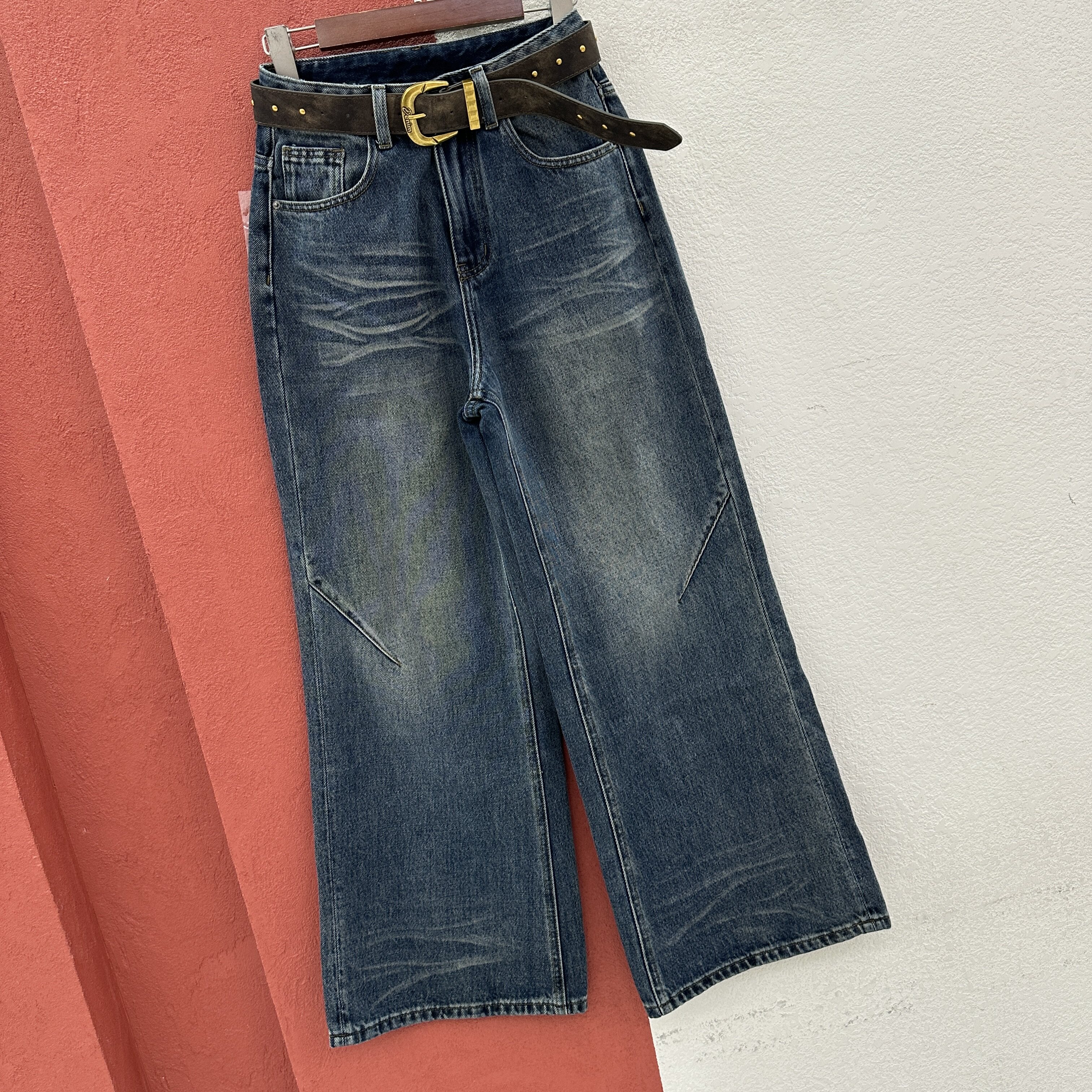 2026秋款JEANS酷希莱61596牛仔裤女高腰猫须阔腿裤刺绣翻盖筒喇叭