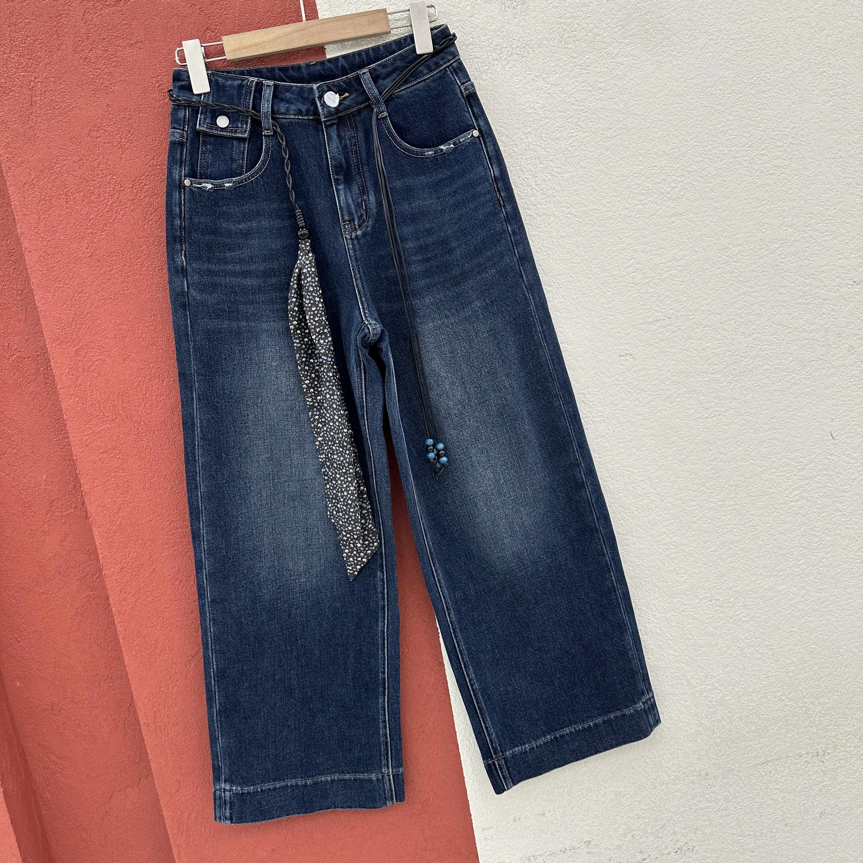 2026秋款CC JEANS2676牛仔裤女高腰弹力直筒裤磨破阔腿九分法棍裤