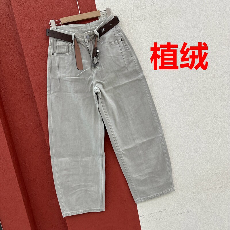 2026秋冬欧货正品JEANS89002牛仔女植绒弯刀裤灰白色压线缩脚长裤