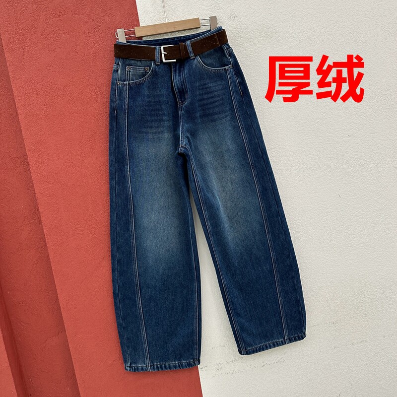 秋冬欧货FASHION JEANS DF6083牛仔裤女厚绒压线弯刀裤高腰香蕉裤