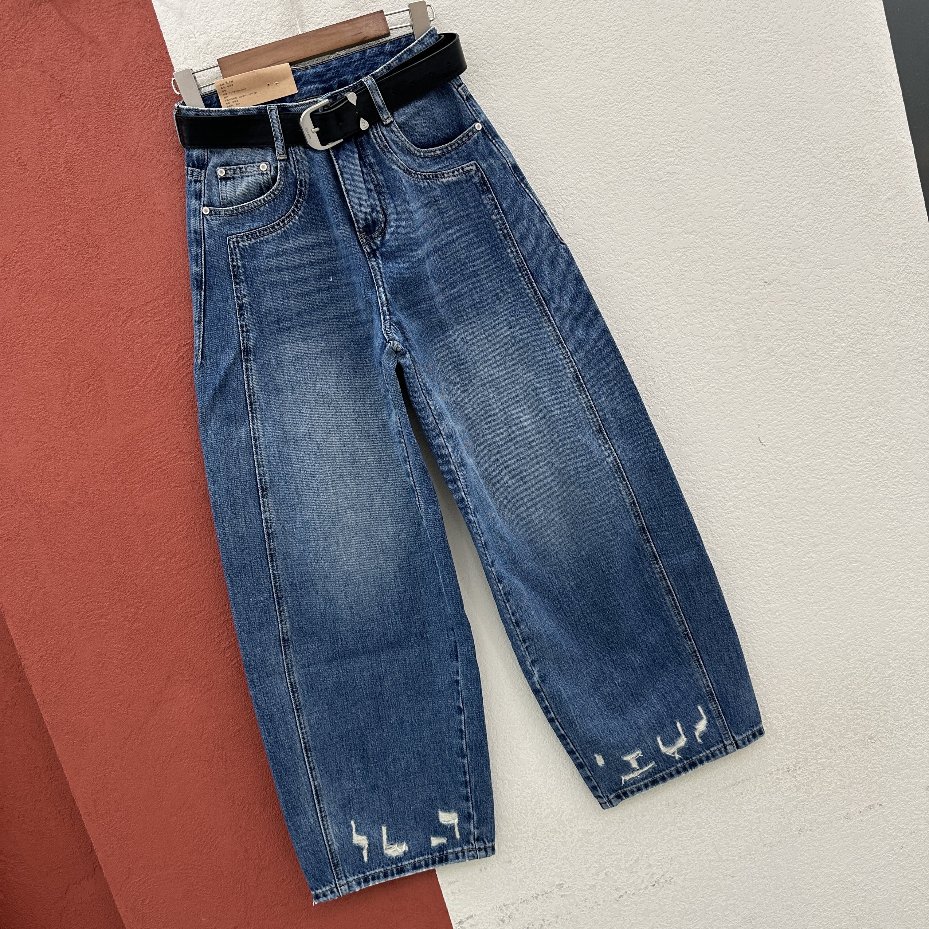 HYFS JEANS红提子66020牛仔裤女春款欧货重工高腰磨破弯刀香蕉裤