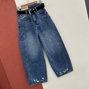 HYFS JEANS红提子66020牛仔裤女春款欧货重工高腰磨破弯刀香蕉裤