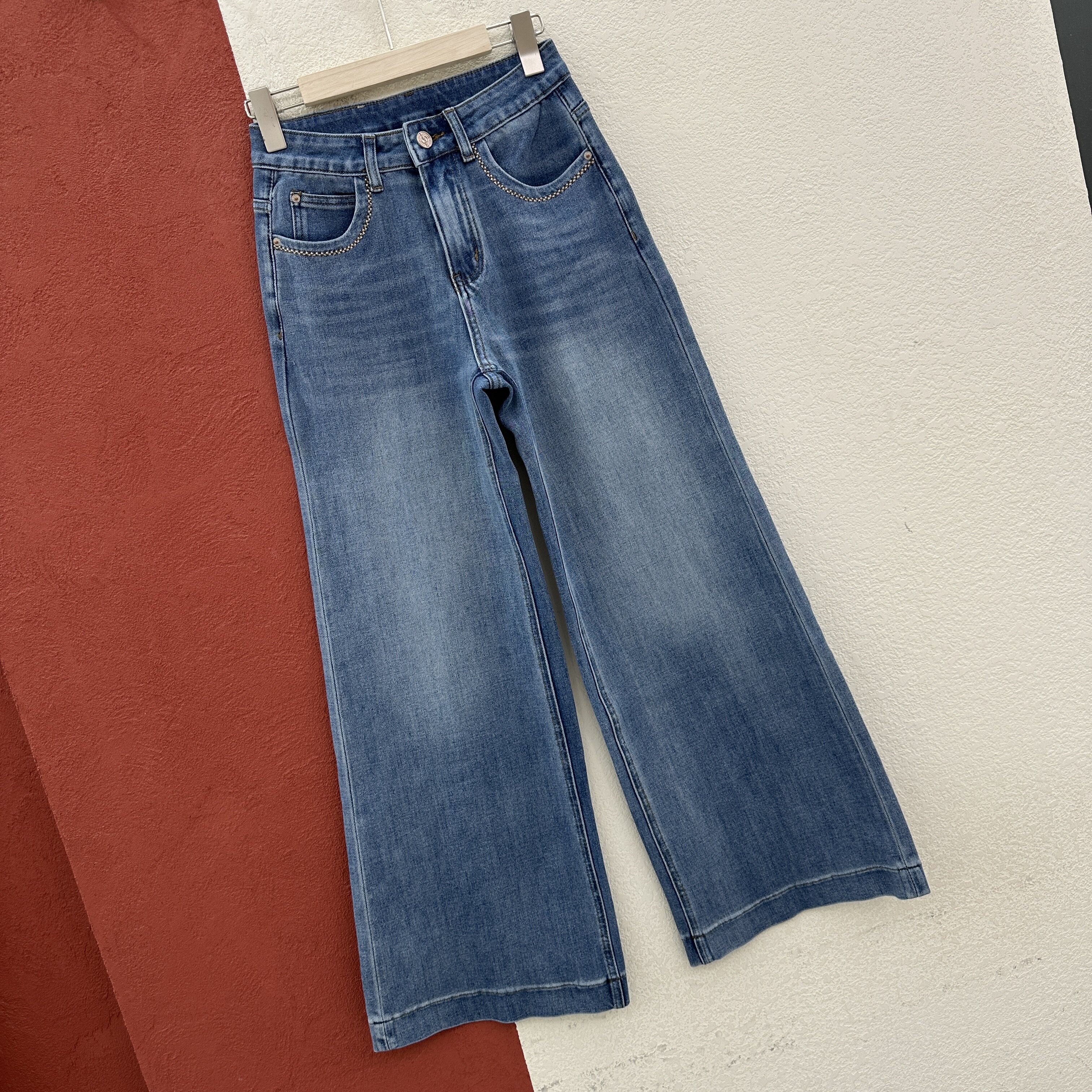 2026春款JEANS KAILI凯立68512牛仔裤女高腰显瘦刺绣阔腿裤筒喇裤