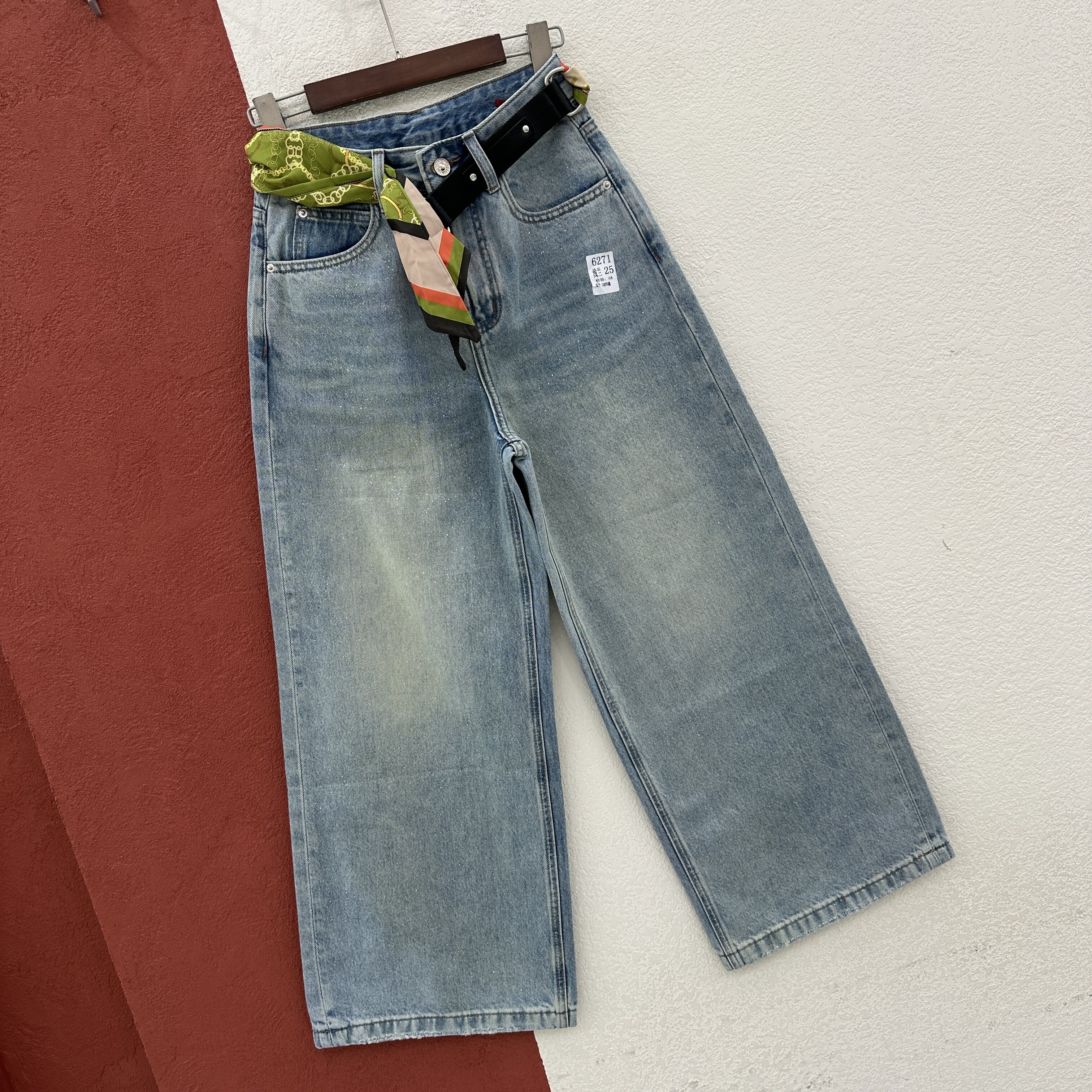 2026春款JEANS绿青蛙6271牛仔裤女高腰显瘦窄版直筒裤细闪九分裤