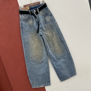 春款HYFS JEANS红提子66051牛仔裤女欧货做旧泼墨涂鸦油漆弯刀裤