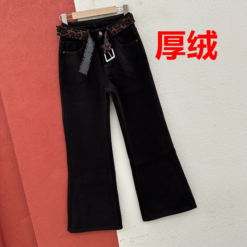 冬季Q FASHION JEANS酷希莱 芭度玄风8733女咖色牛仔喇叭厚绒长裤
