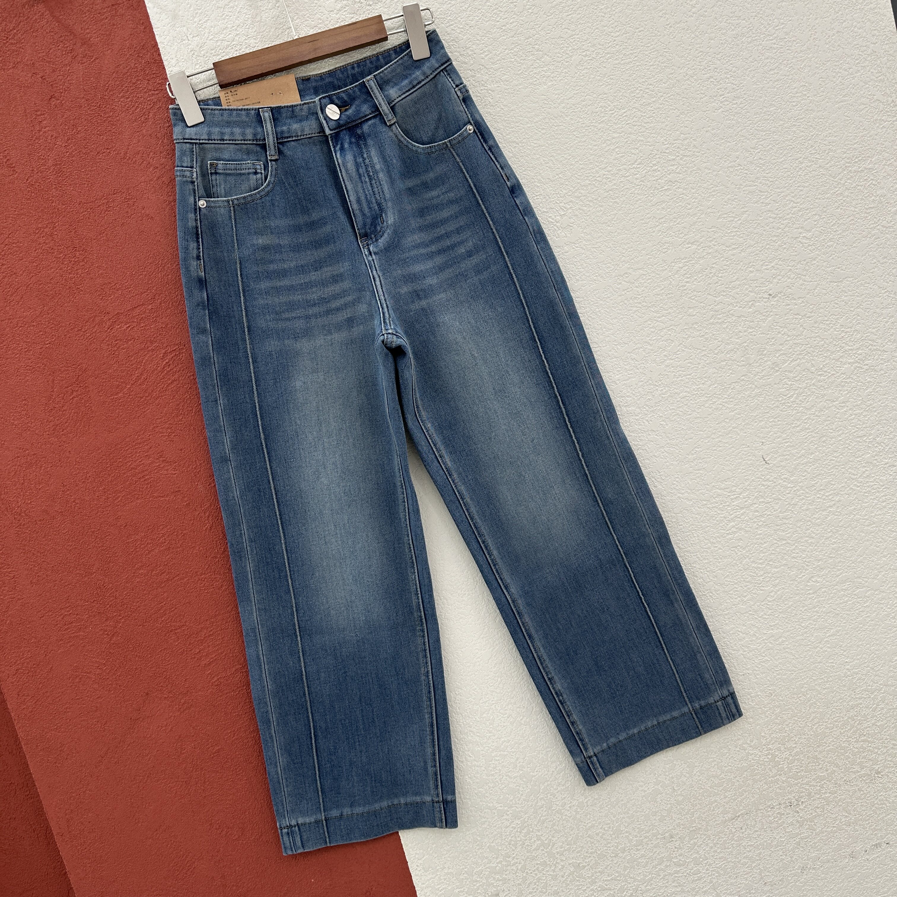 春款HYFS JEANS红提子66012牛仔裤女高腰显瘦九分直筒裤奶奶裤子