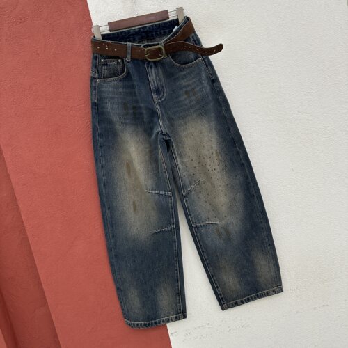 2026秋款Q FASHION JEANS酷希莱61620牛仔女复古脏脏裤烫钻弯刀裤