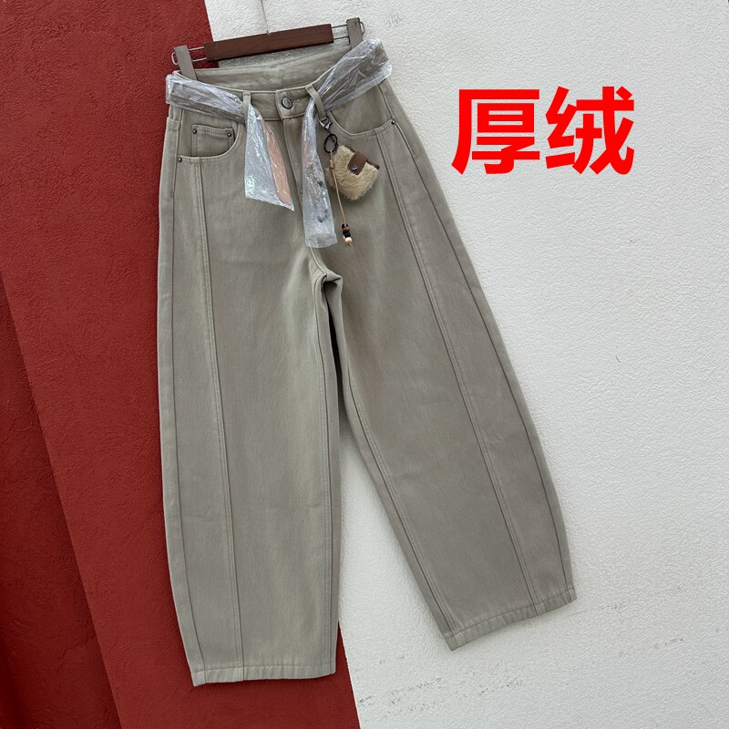 26冬季JEANS红提子19550牛仔裤女复合厚绒鱼骨线窄版瘦腿弯刀长裤