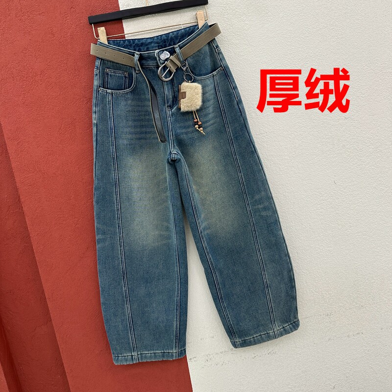 冬天FASHION JEANS采丫N618牛仔女厚绒直筒弯刀长裤反季节浅蓝色