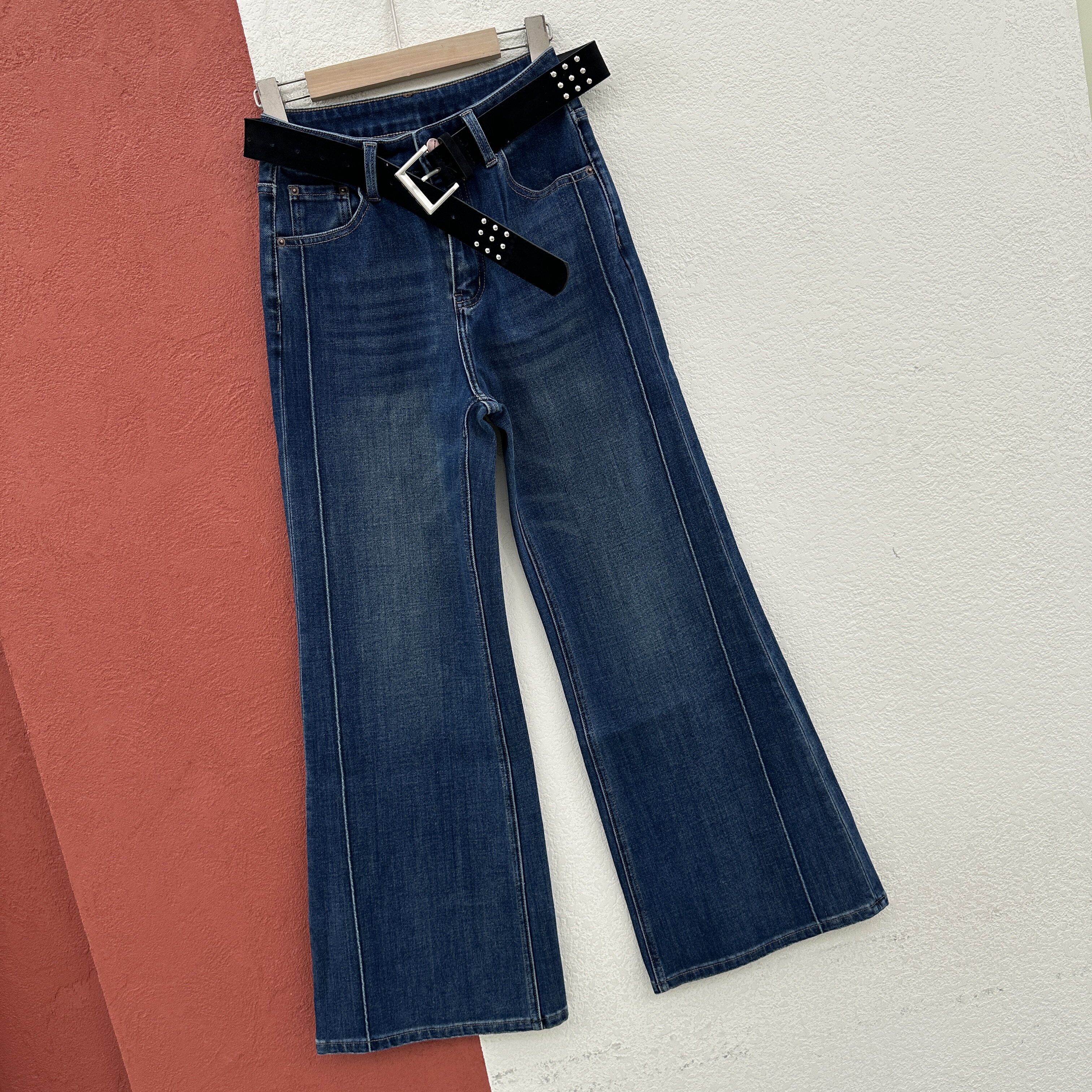2026秋冬YAK JEANS阿里莎莎87828薄绒显瘦微喇牛仔裤女压线喇叭裤