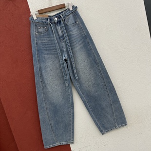 春款HYFS JEANS红提子66015牛仔裤女浅蓝重工满天星烫钻弯刀裤子