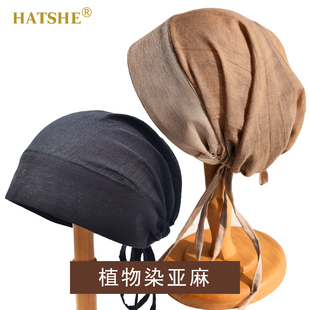 HATSHE设计师真丝亚麻系带头巾包头帽匠人工作束发帽遮白发半帽男
