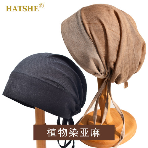 HATSHE设计师真丝亚麻系带头巾包头帽匠人工作束发帽遮白发半帽男