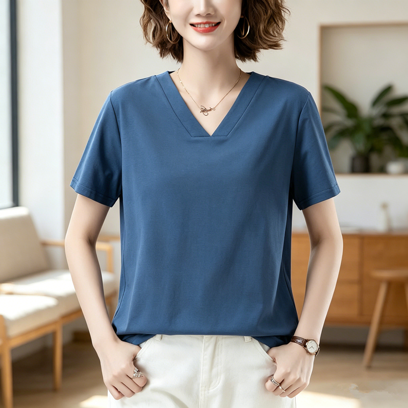 韩版妈妈短袖t恤女夏季新款大码宽松纯棉上衣中老年女士V领体恤衫