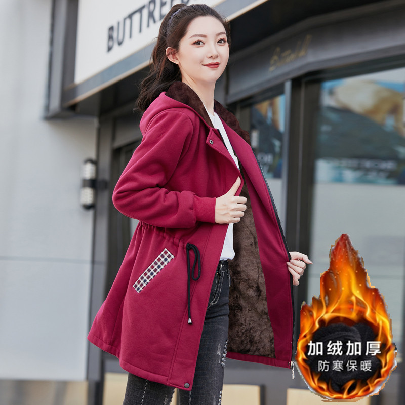 秋冬加绒加厚外套女大码胖mm显瘦遮肚卫衣200斤加肥加大宽松棉衣