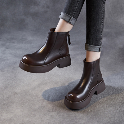 头层牛皮厚底马丁靴女2025新款秋冬加绒保暖棉鞋真皮后拉链短靴子