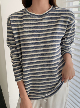 H557严选条纹圆领打底衫女秋冬季内搭保暖毛衣针织衫宽松T恤上衣