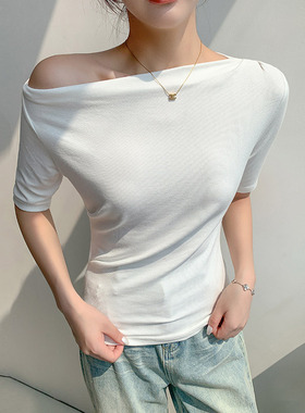 H539一字肩螺纹短袖女夏季性感辣妹露肩修身打皱T恤百搭打底上衣