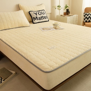 鹅黄色加厚床笠单件浅黄玉米黄色冬季夹棉A类牛奶绒床垫保护套罩