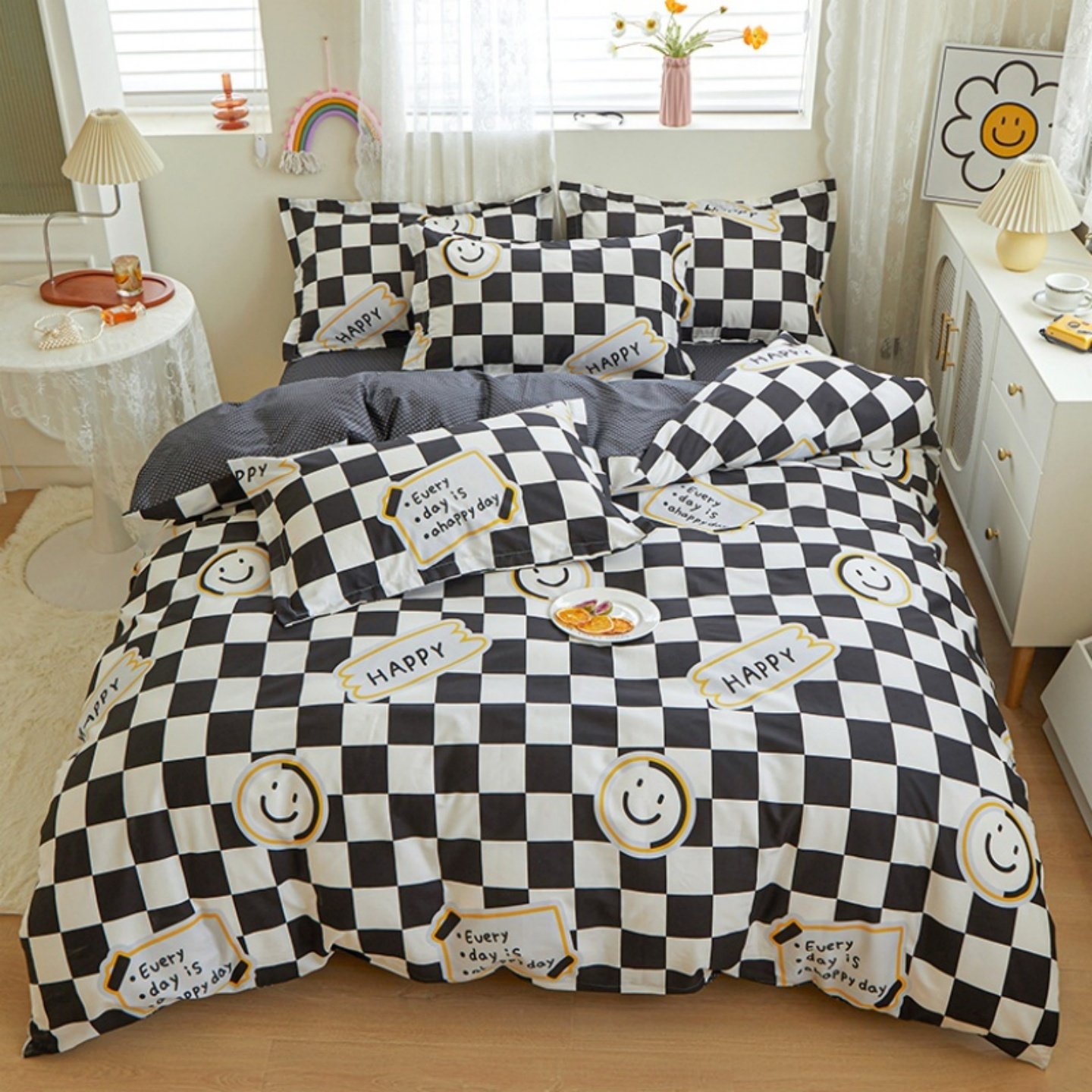 笑脸方格床上纯棉四件套黑白黄色全棉床单床笠款套件1.21.51.82米