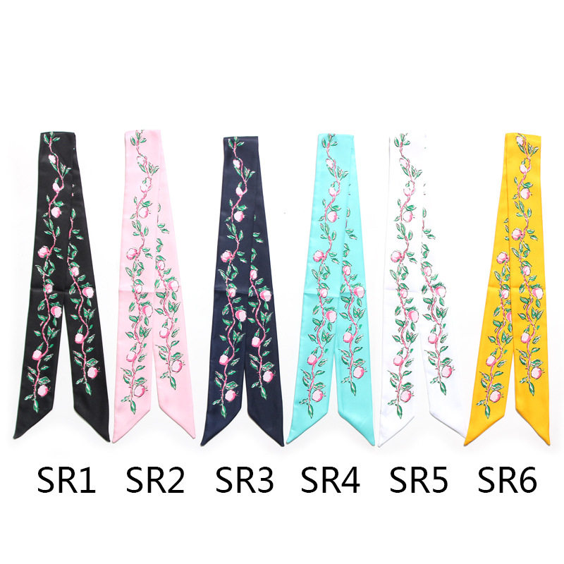 可爱桃子双层面印花仿真丝斜纹绑包包手柄丝巾细长窄小丝带领巾女