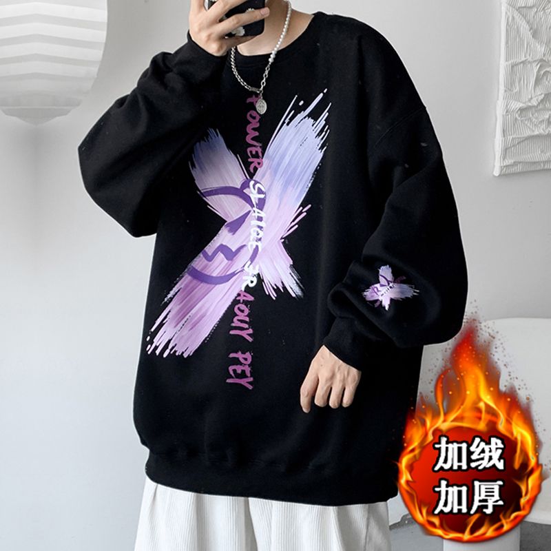 印花秋冬卫衣男2025年秋冬季加绒圆领宽松上衣chic港风潮流