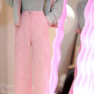 长裤 CAN2022秋季 高腰气质粗呢休闲裤 粉色羊毛阔腿裤 女 新款
